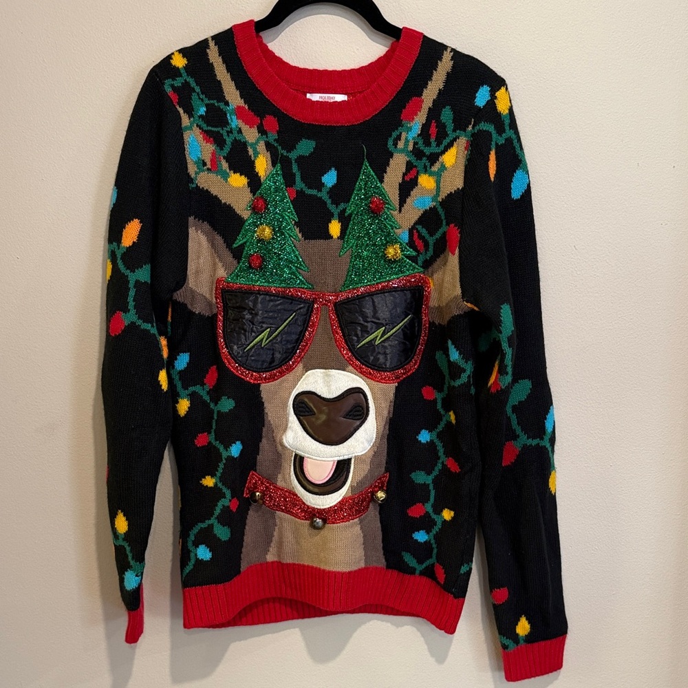 Holiday Time Festive Christmas Holiday Black and Red Reindeer Sweater Trees